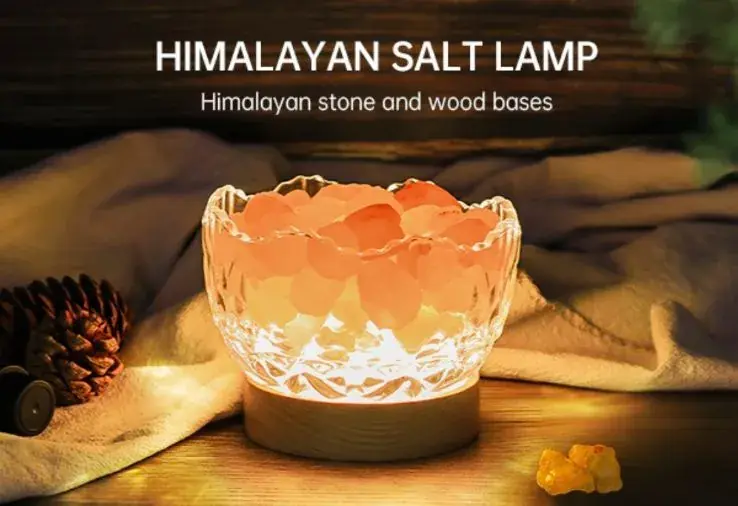 Najlepsza cena Lampa z soli himalajskiej w szklanej misie, drewniana podstawa