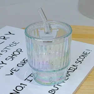 Zniżka Kubek Szklany ze Słomką 400ml Prążkowany Opalizujący