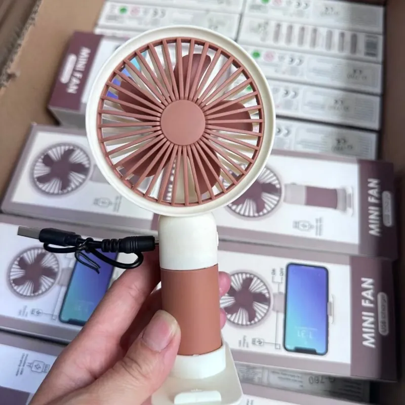 Wyprzedaż Mini wentylator ręczny USB z podstawką na telefon biało-różowy